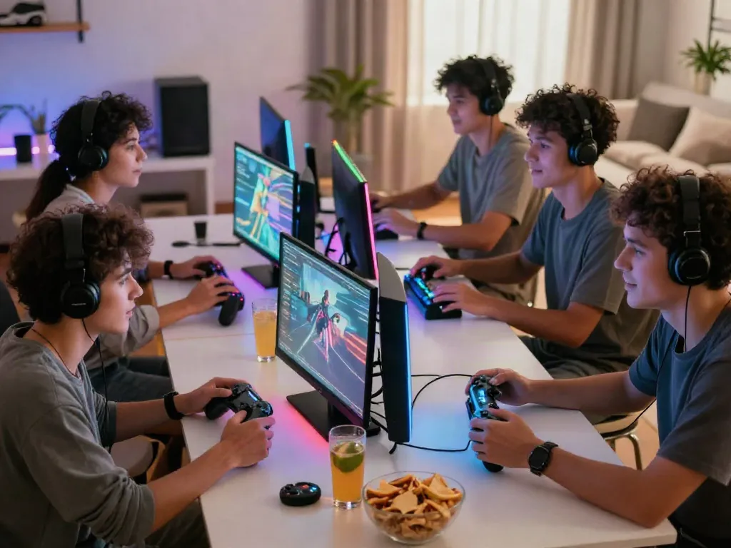 Friends enjoying a multiplayer gaming session on kilat 404 setup, colorful lights adding excitement.