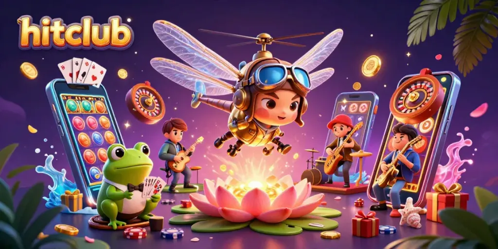 hitclub engages players with exciting games, showcasing a dragonfly pilot and frog dealer in a vibrant casino
