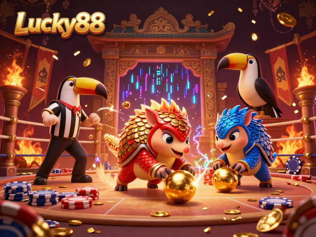 Experience exciting action at Lucky88 with cartoon pangolins bowling through poker chips.