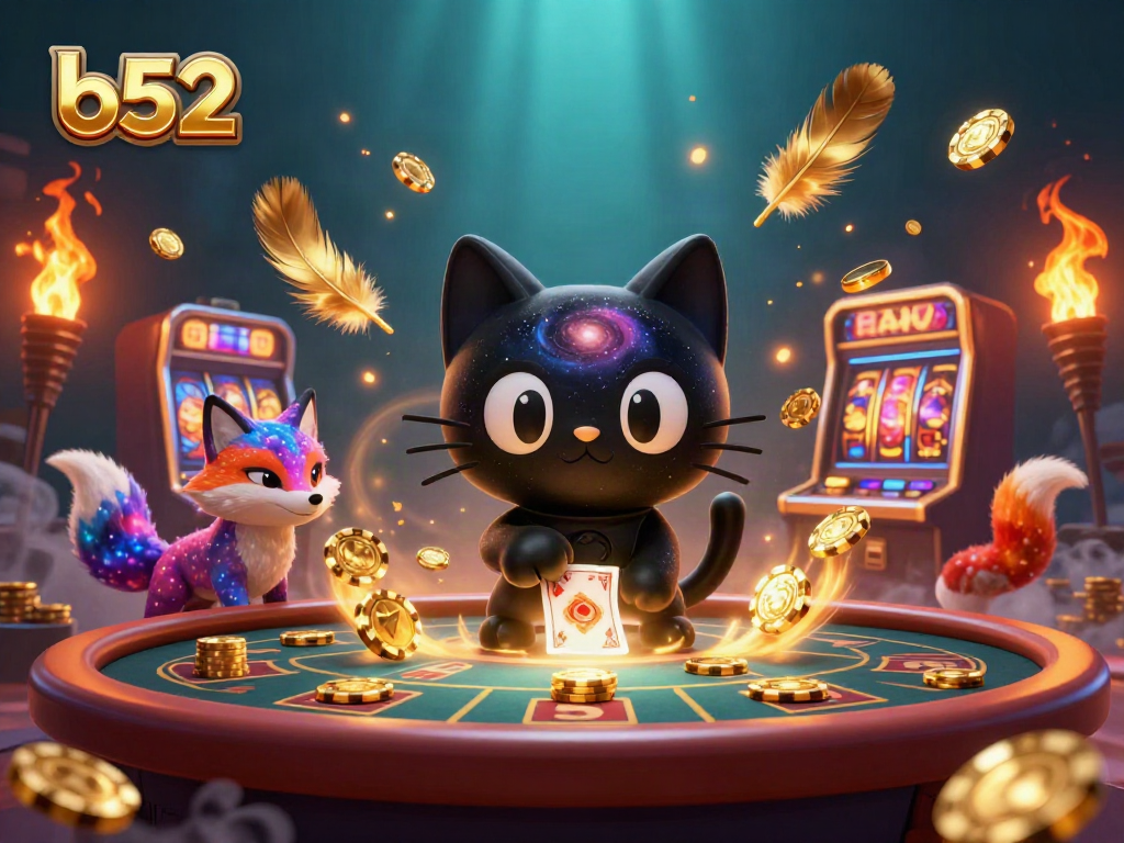 Engage in cosmic gaming fun with the b52 black hole cat in an animated casino setting.