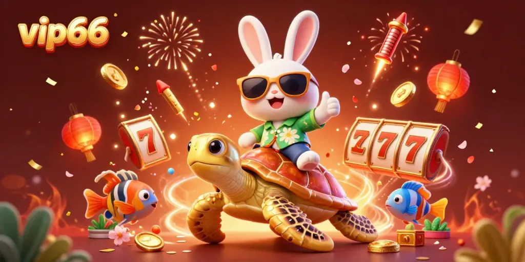 Experience vibrant jackpots with vip66's lucky rabbit and golden turtle in this festive casino scene.