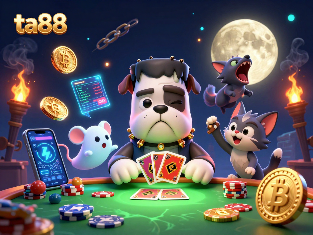 ta88 gamifiers strategizing with cards and crypto amidst vibrant casino atmosphere
