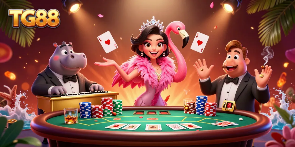 Engage with TG88 at the vibrant casino scene featuring a flamingo singer and a hippo bassist.