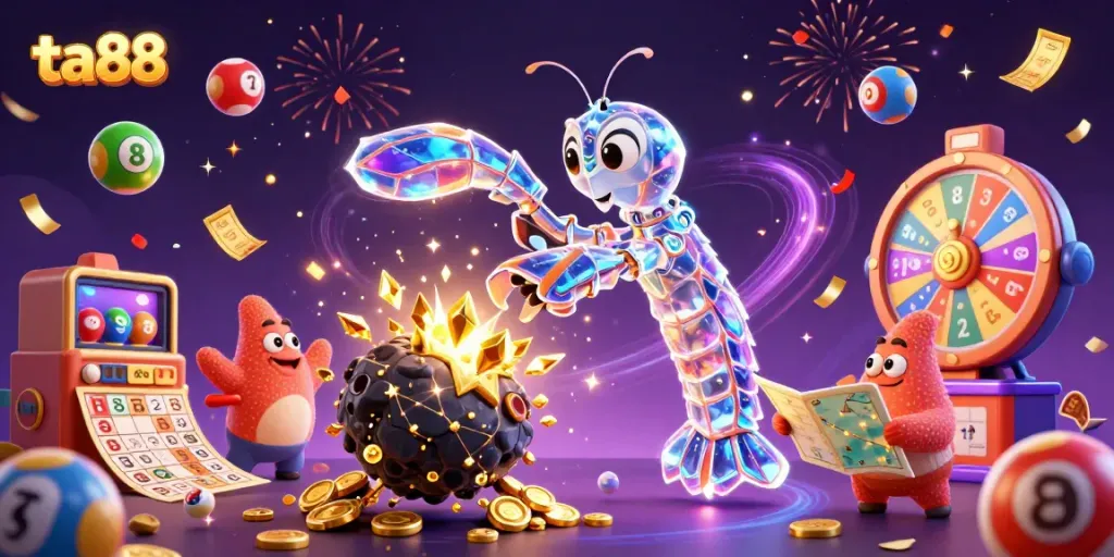 Experience the excitement of ta88 with vibrant lottery and casino elements exploding into coins.