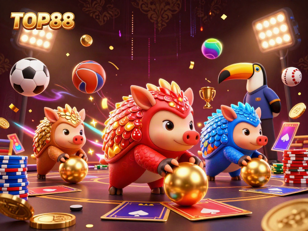 TOP88 pangolins competing in a vibrant casino scene with poker chips and dynamic sports elements.