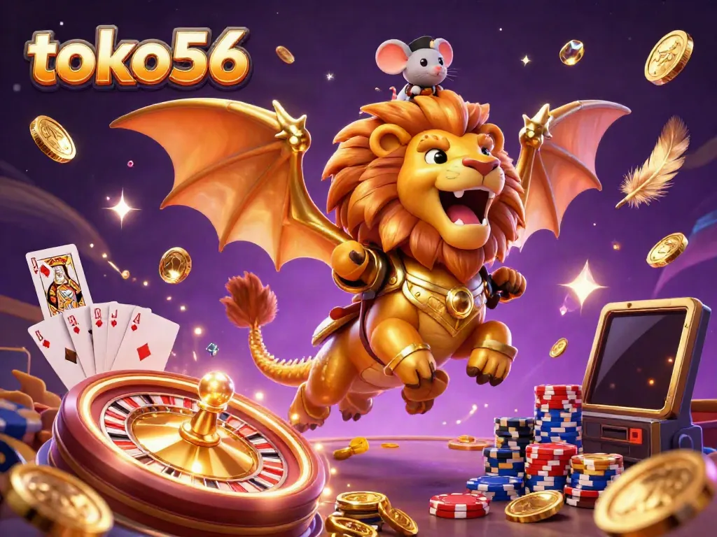 Win big at toko56 with our dynamic casino illustration showcasing golden coins and vibrant gaming elements.