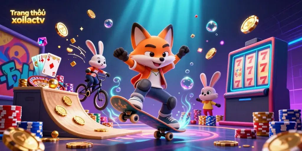 Experience dynamic gameplay at Trang chủ xoilactv with vibrant cartoon characters in a colorful casino scene.