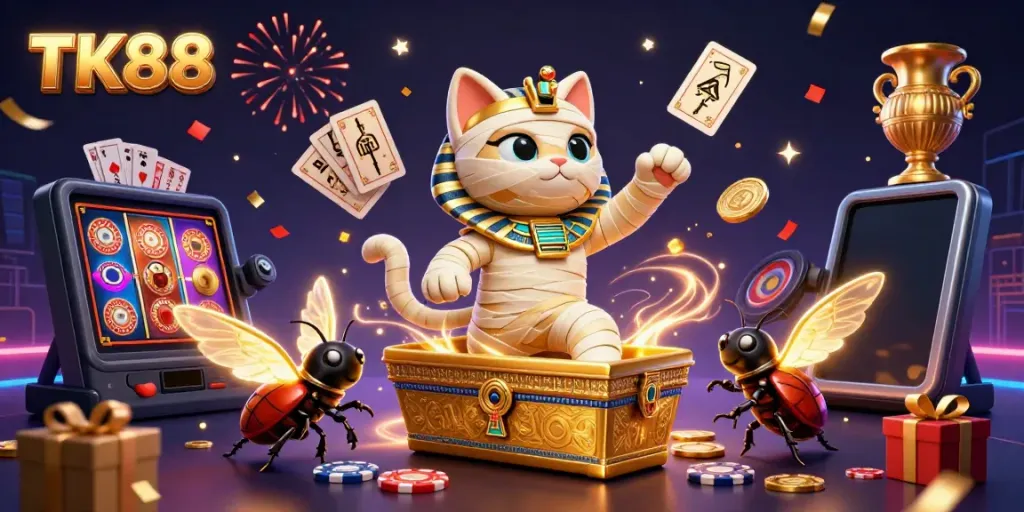 Engage with thrilling gambling adventures at TK88 featuring vibrant casino elements and animated characters.