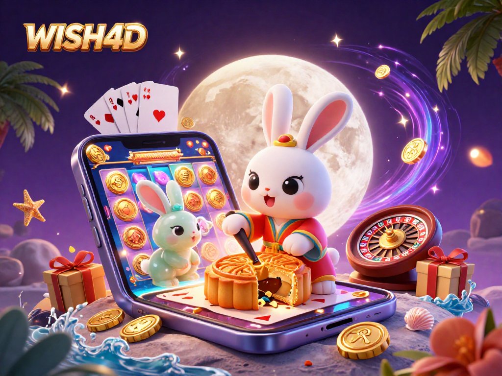 Experience WISH4D with a vibrant 3D moon rabbit scene blending casino elements and folklore.
