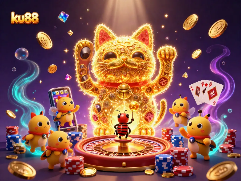 Engage with ku88's thrilling casino symbols brought to life by a lucky cat in a 3D celebration.