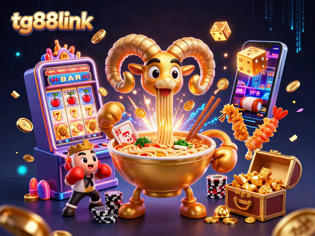 Engage with tg88link as a vibrant casino illustration featuring a golden ramen bowl, slot machine, and dynamic game elements.