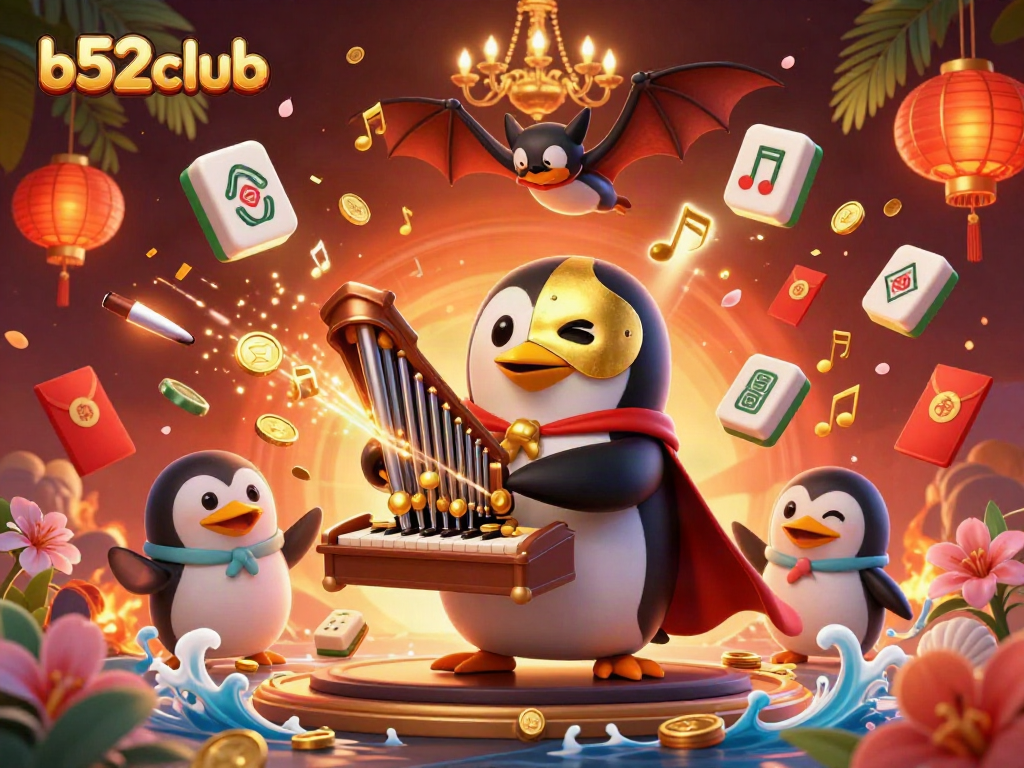 Experience winning thrills at b52club with vibrant casino vibes through animated penguin and acrobat.