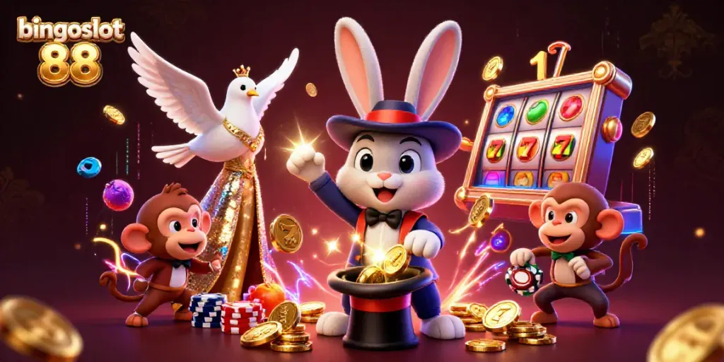 Bingoslot 88 menghibur dengan ilustrasi kasino yang penuh warna dan karakter menarik.