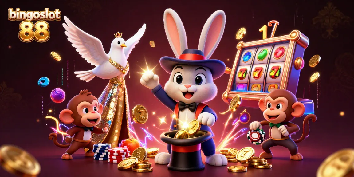 Bingoslot 88 menghibur dengan ilustrasi kasino yang penuh warna dan karakter menarik.