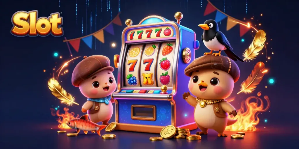 Spin the slot machine with Nessie and friends, celebrating big wins and excitement!