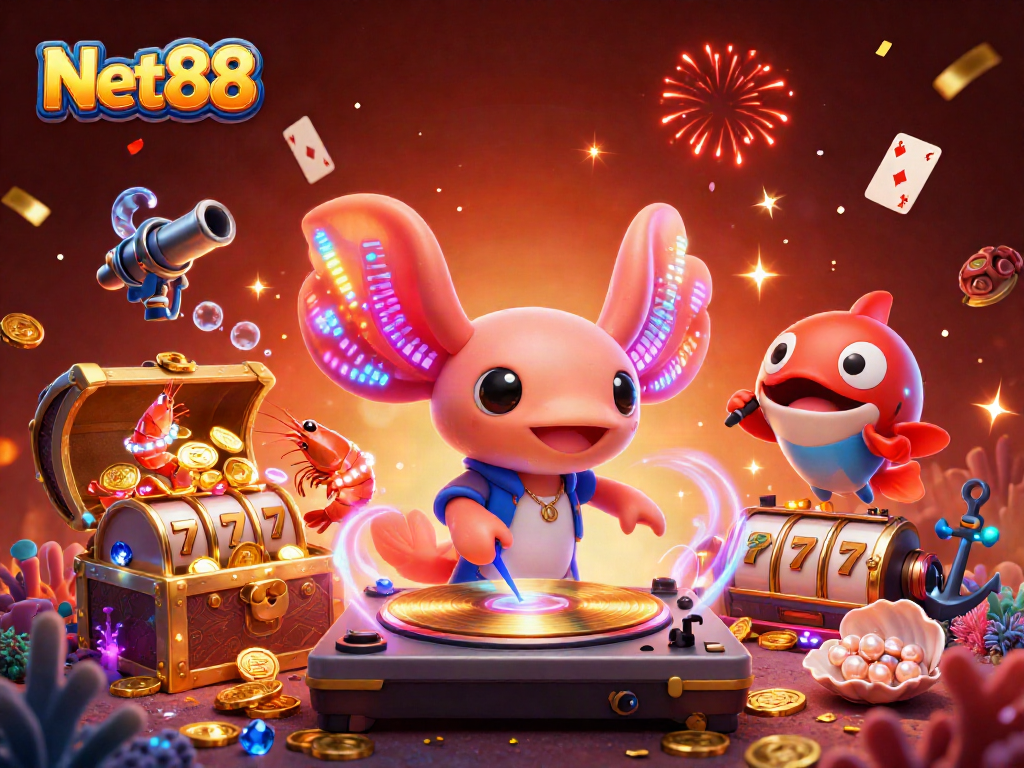 Unleash excitement with Net88's vibrant casino-themed illustration featuring lively sea creatures.