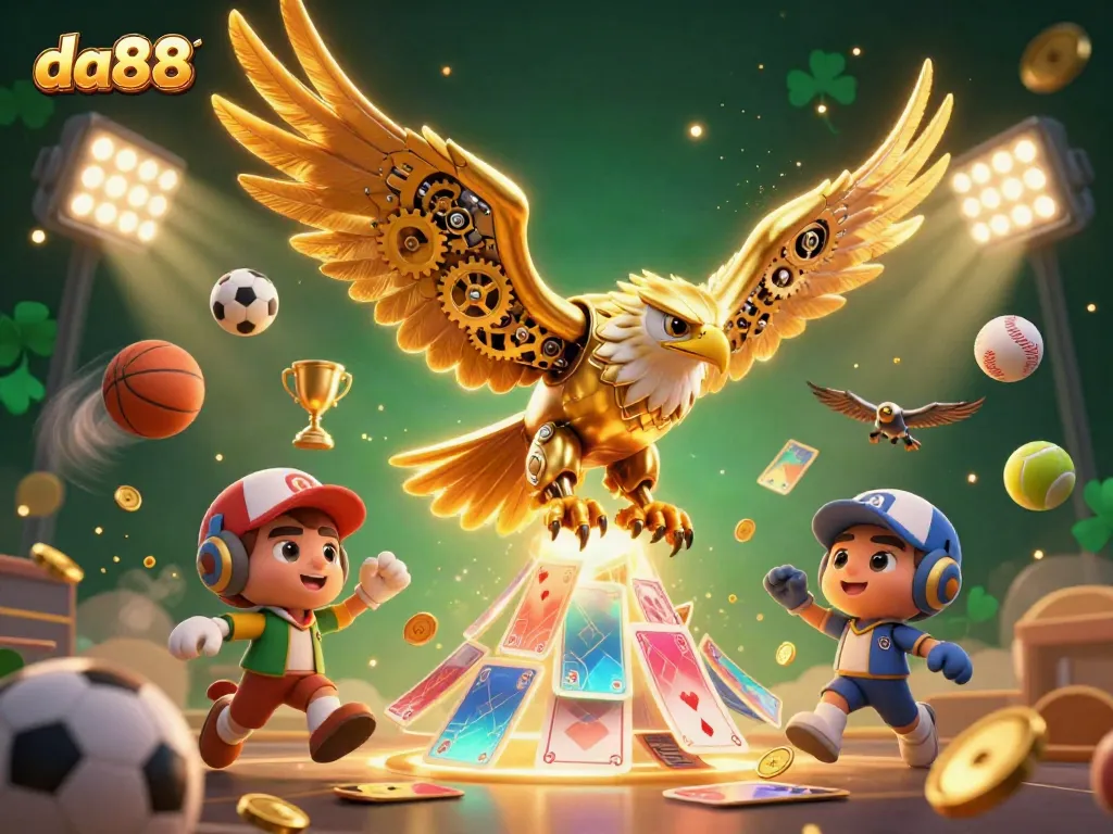 Experience thrilling bets at da88 with a vibrant 3D illustration of betting elements and characters