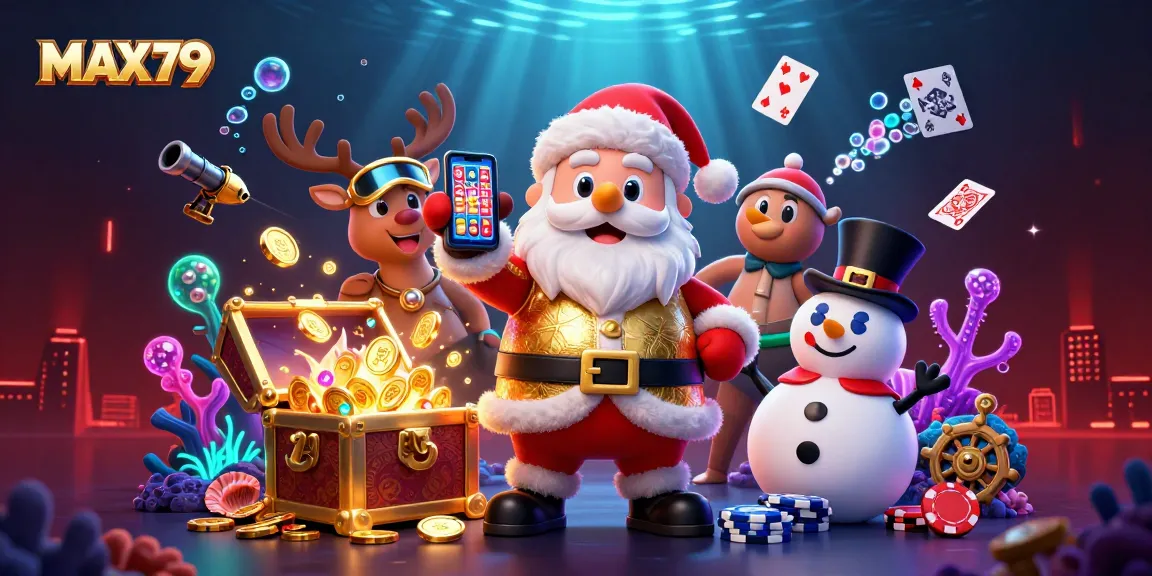 Experience big wins with MAX79 in this vibrant casino-themed illustration featuring a cartoon Santa.