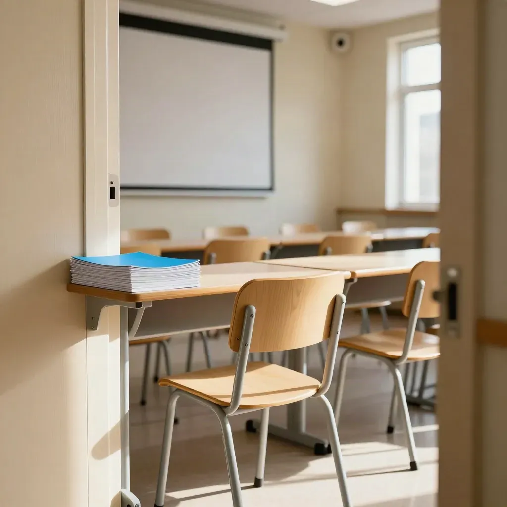 Pusta sala wykładowa w porannym słońcu, z krzesłami, ekranem i niebieskimi teczkami