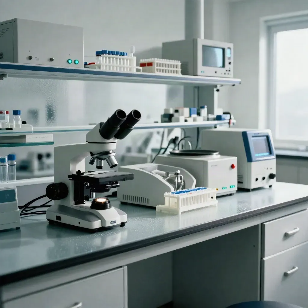 Szklany blat laboratorium z mikroskopem, wirówką i świecącymi panelami w chłodnym półmroku.