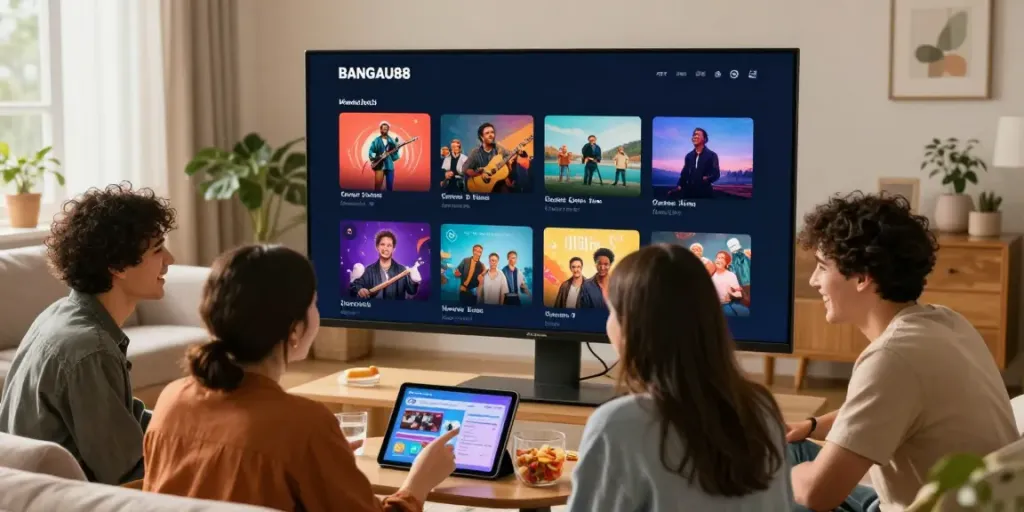 Ruang digital BANGAU88 yang ramah dengan antarmuka menarik, menampilkan kategori hiburan.