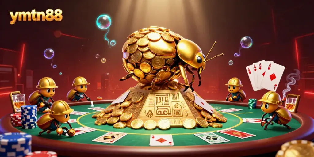 Engage with ymtn88's vibrant casino scene featuring dynamic golden beetles and rich poker elements.