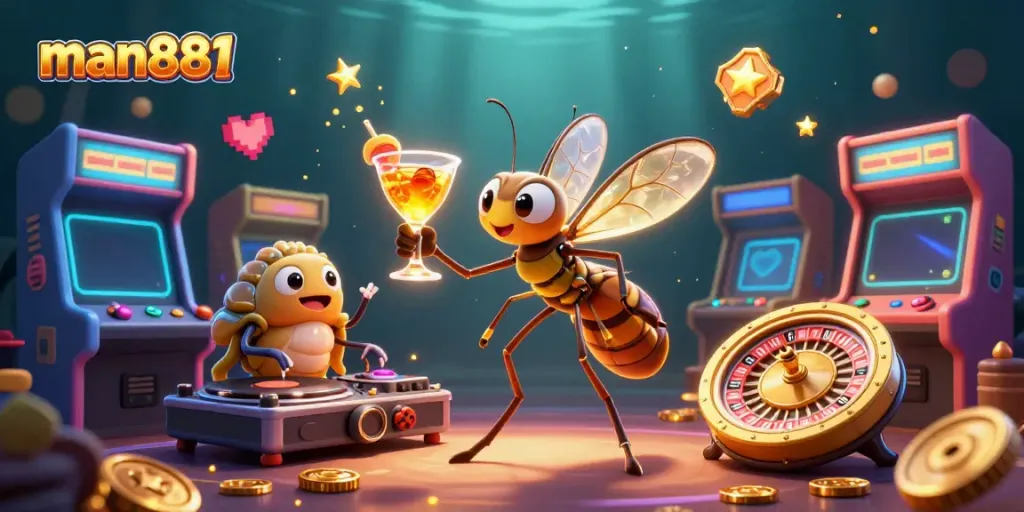 Experience the vibrant energy of man881 with animated casino elements featuring a lively mosquito mascot.