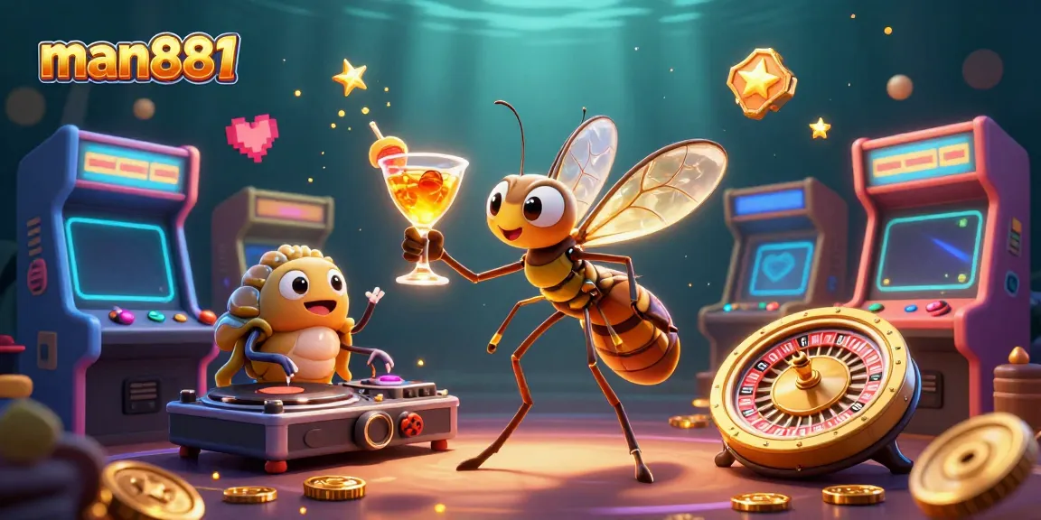 Experience the vibrant energy of man881 with animated casino elements featuring a lively mosquito mascot.