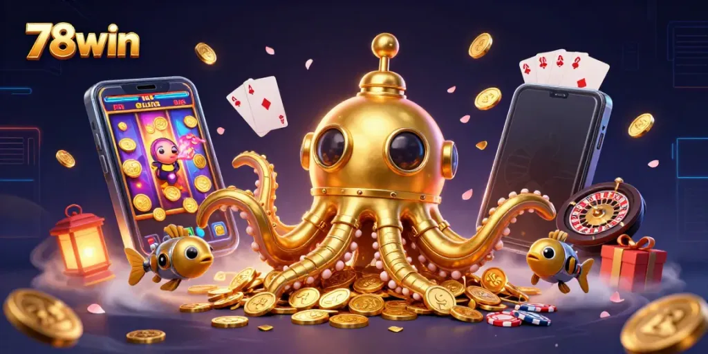 Experience thrilling games at 78win with the golden kraken and slot machine magic surrounded by coins.