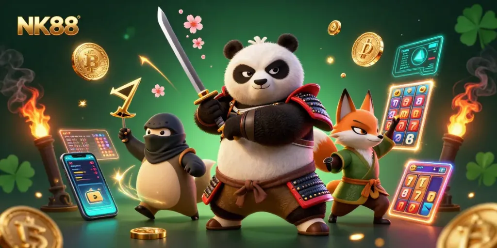 Ninja fox and panda samurai showcase NK88 gaming's vibrant slots and jackpots amidst a mystical atmosphere