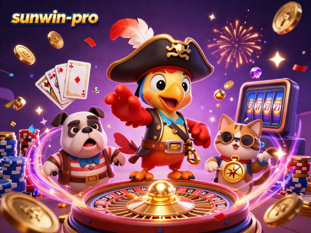 Join the fun with sunwin-pro's vibrant 3D casino adventure amidst cascading coins and joyous celebrations!