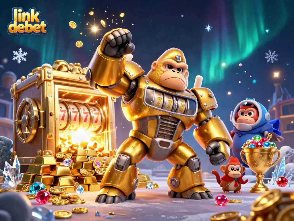 Engage with link debet through a thrilling 3D illustration of a slot machine-inspired golden gorilla mech.