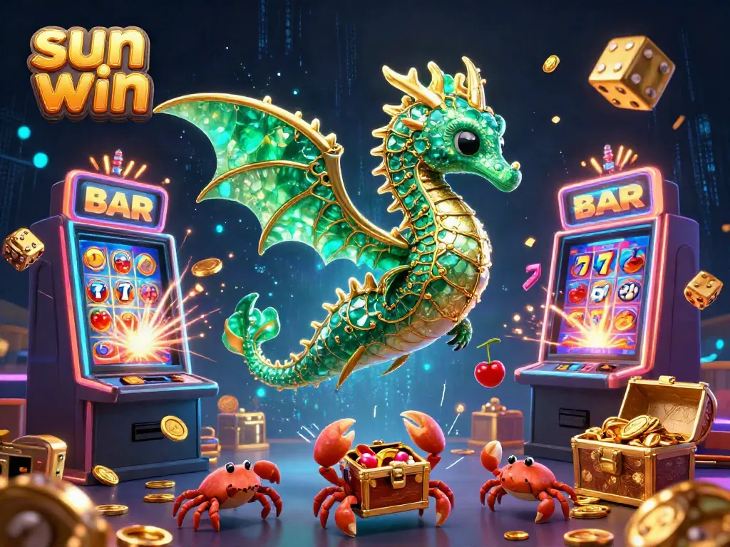 Win big with sun win at this vibrant casino illustration featuring dragons and treasures.