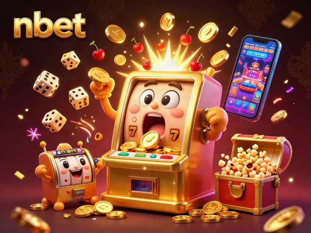 Experience the excitement of nbet with this vibrant 3D casino scene featuring a jackpot-winning slot machine.
