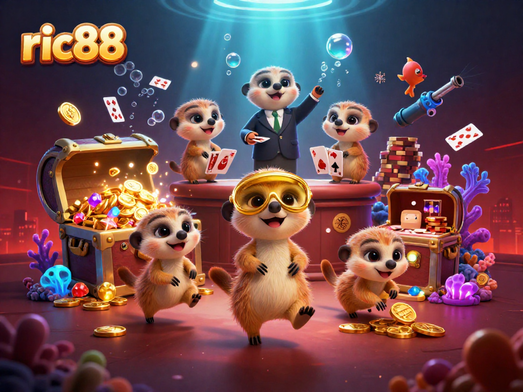 Experience exciting gameplay at ric88, featuring a lively meerkat casino scene with vibrant decorations and dynamic action.