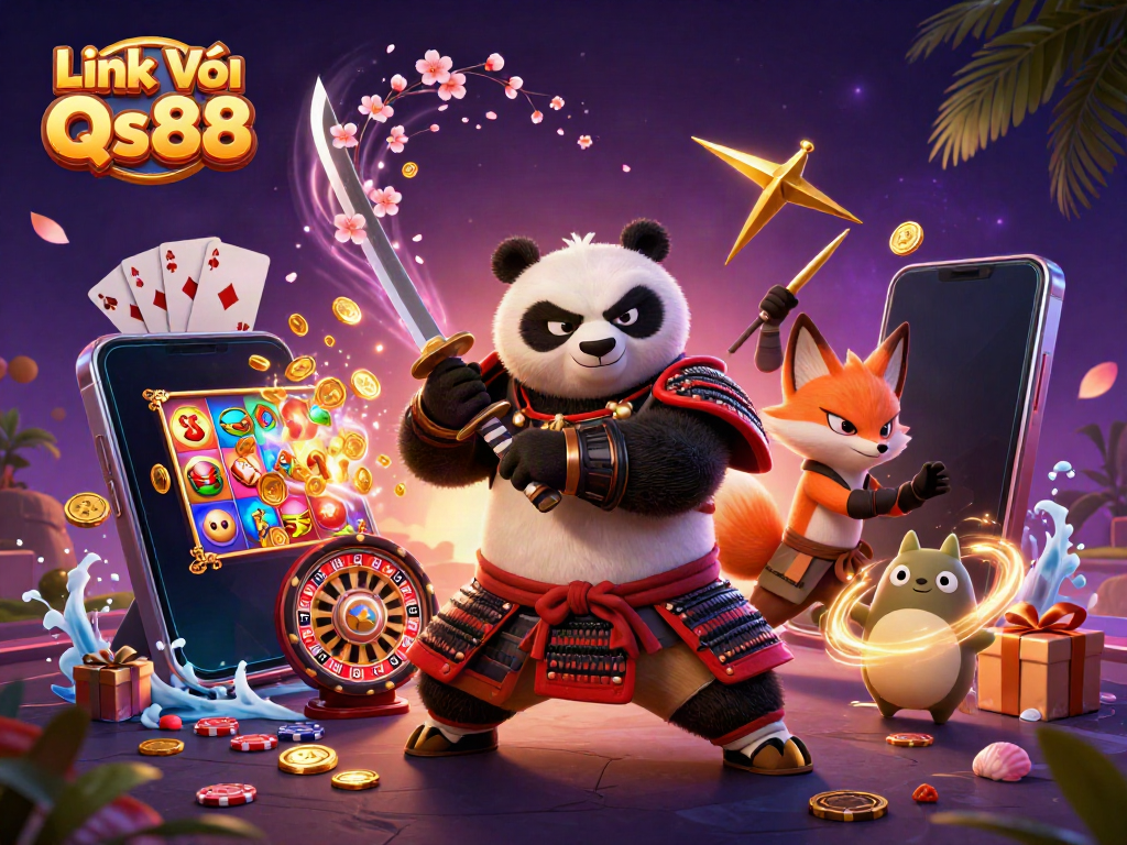 Experience the thrill of Link Vào Qs88 with a dynamic scene of a samurai panda, ninja fox, and spirit tanuki amidst casino elements.