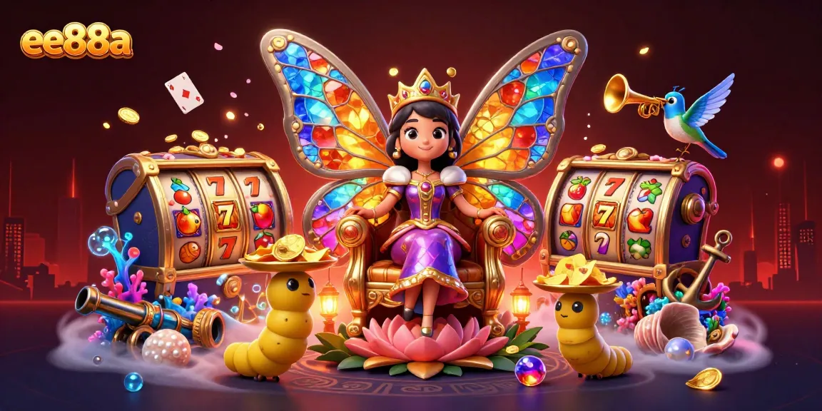 Experience playful excitement at ee88a with a cartoon butterfly queen and festive gaming elements.