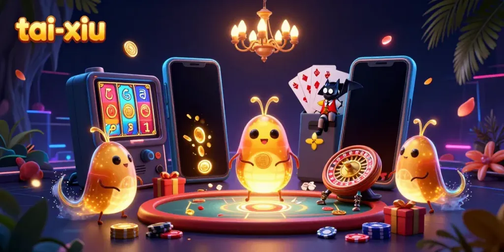 The glowworms light up the tai-xiu casino scene with vibrant colors, showcasing various gambling elements.