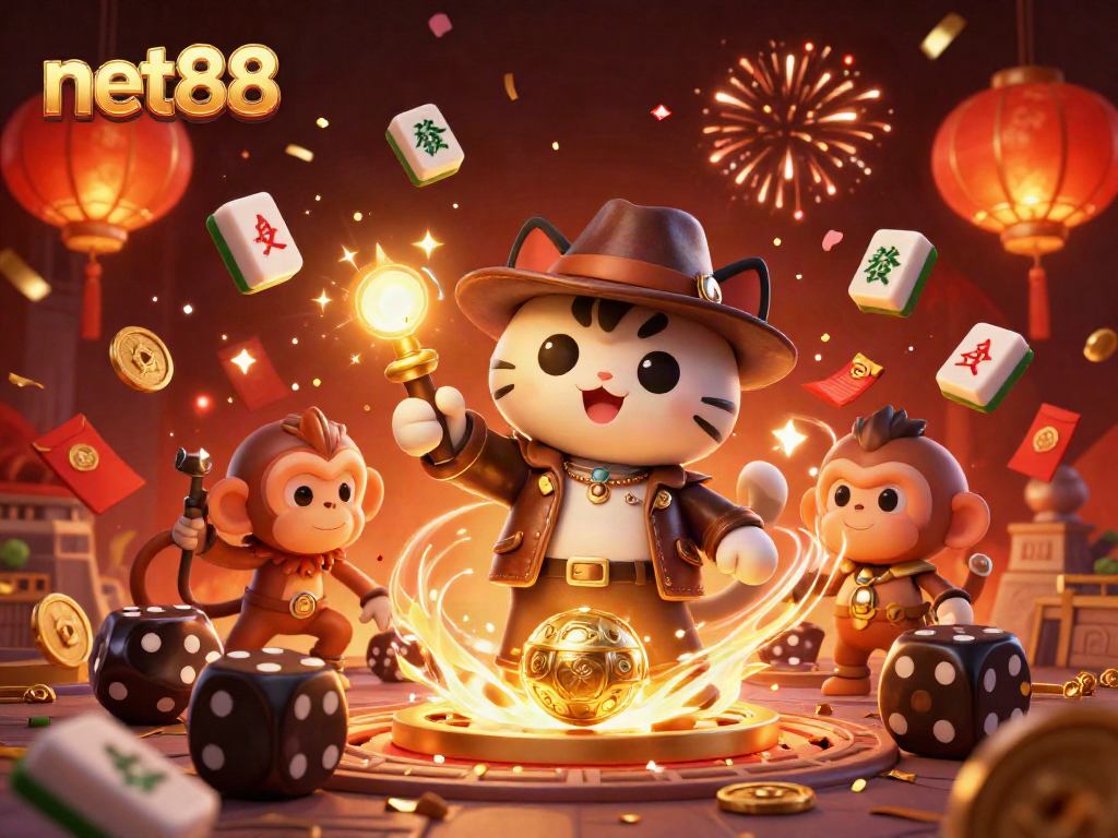 Engage with net88 in a thrilling 3D scene showcasing an explorer cat and monkey discovering casino treasures.