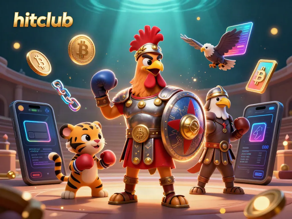 Win exciting prizes with hitclub in a vibrant 3D casino scene filled with animated crypto elements.