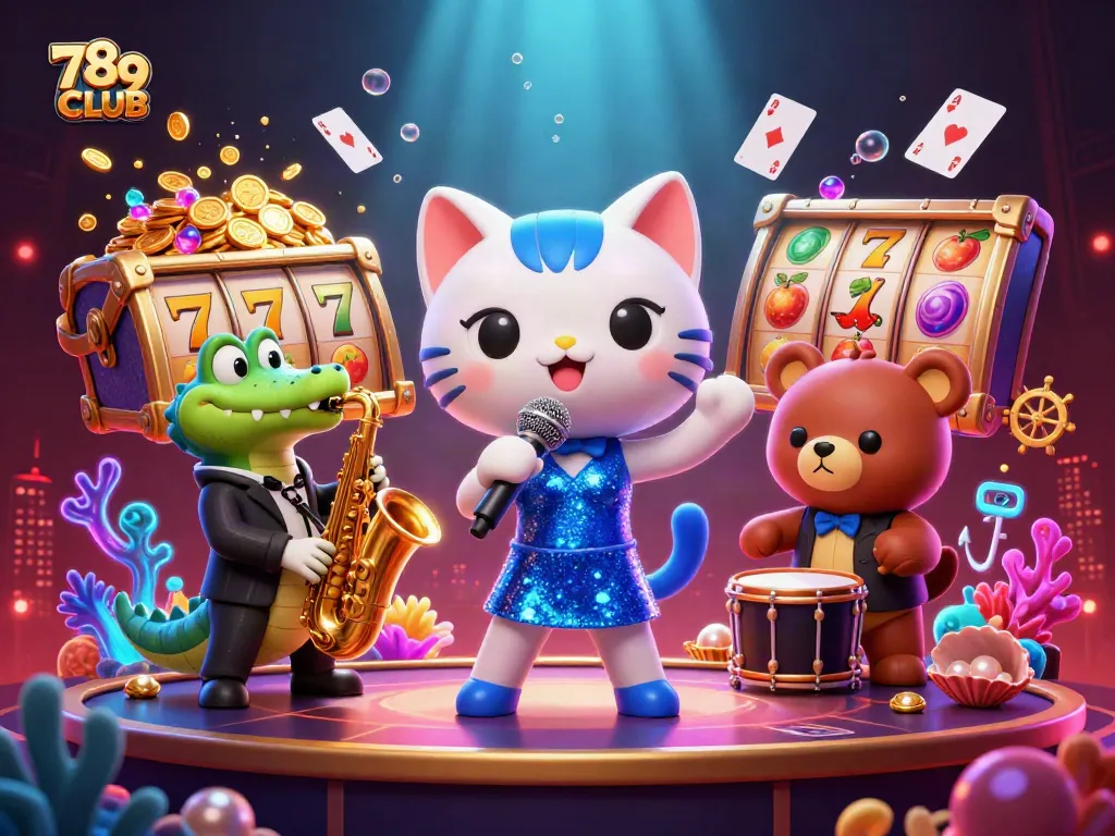 Spin and win at 789CLUB with a lively casino scene featuring engaging characters and vibrant slot elements.