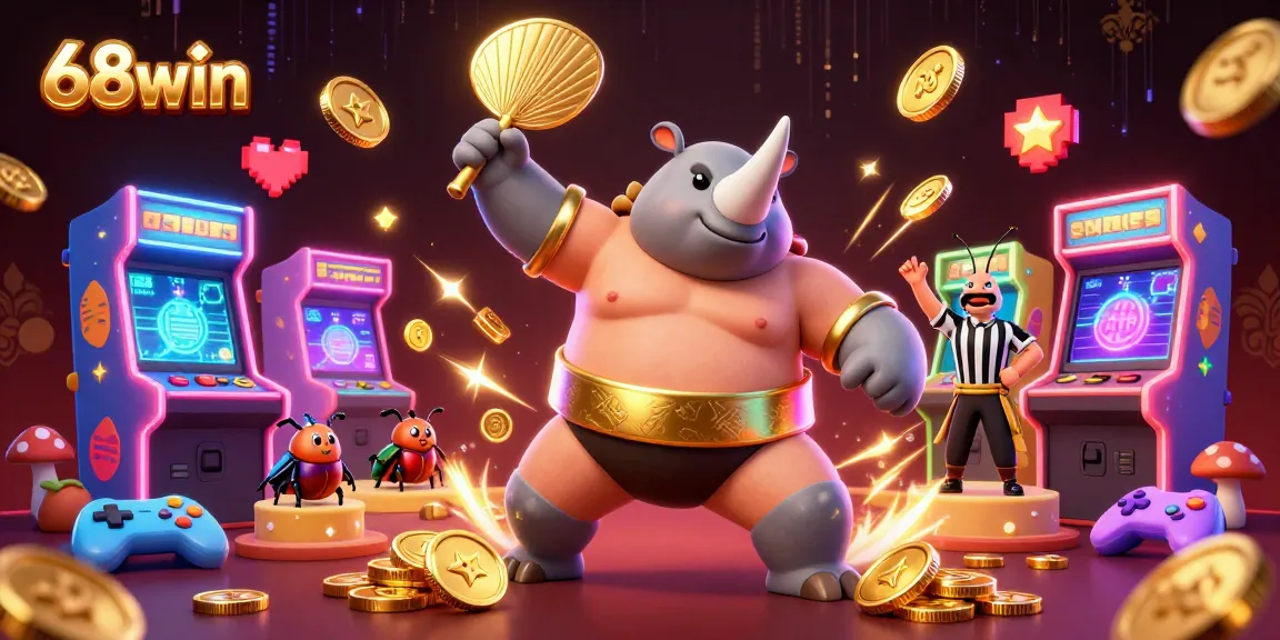 Winning moment at 68win as a beetle champion stomps coins in a vibrant casino scene