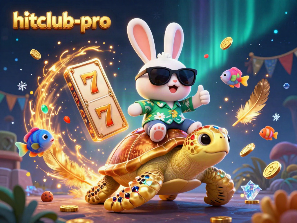 Engage with hitclub-pro's thrilling slot adventures featuring a lucky rabbit and golden sea turtle in vibrant casino imagery.