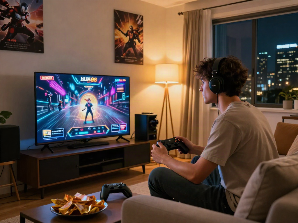 Player immersed in slot88 gaming experience at home with vibrant graphics.