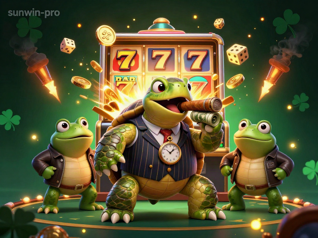 Experience thrilling action with sunwin-pro in a vibrant casino scene featuring a mobster turtle and bullfrog enforcers.