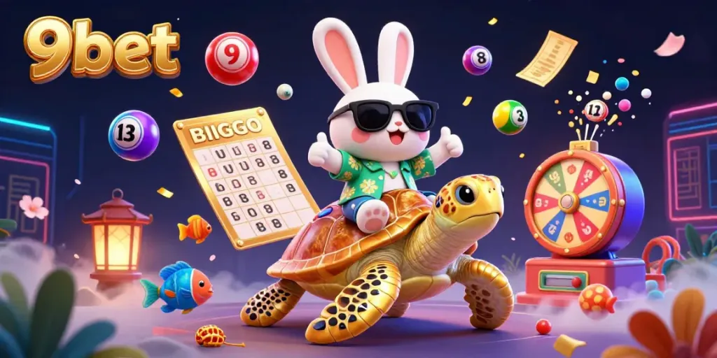 Experience the excitement of 9bet with a lucky rabbit and golden turtle in a vibrant casino scene.