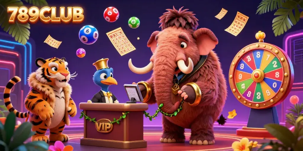 Engage with games at 789CLUB featuring vibrant casino scenes with a woolly mammoth bouncer checking IDs.