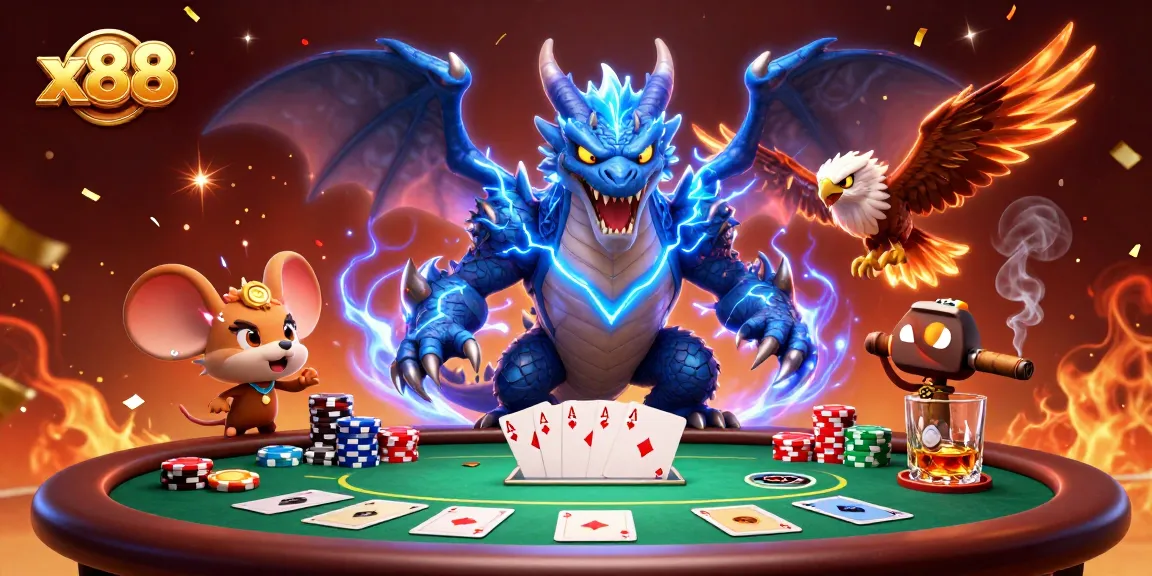 Experience thrilling poker action with x88 in a dynamic 3D casino scene featuring vibrant characters and game elements.