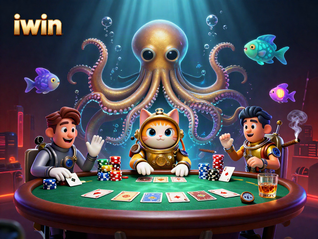 Engage in iwin's thrilling world with a vibrant kraken and diving cat at a poker table.