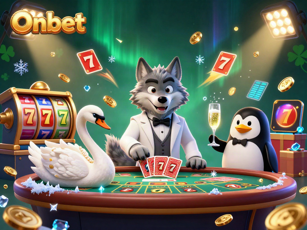Experience thrilling Onbet casino with a debonair wolf at baccarat, vibrant slot reels, and sparkling elements.